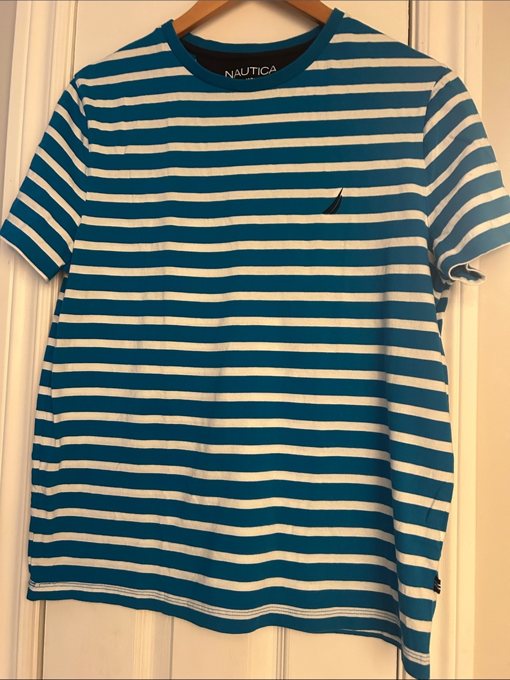 Nautica Men's Teal and White Horizontal Stripe Crewneck Tee